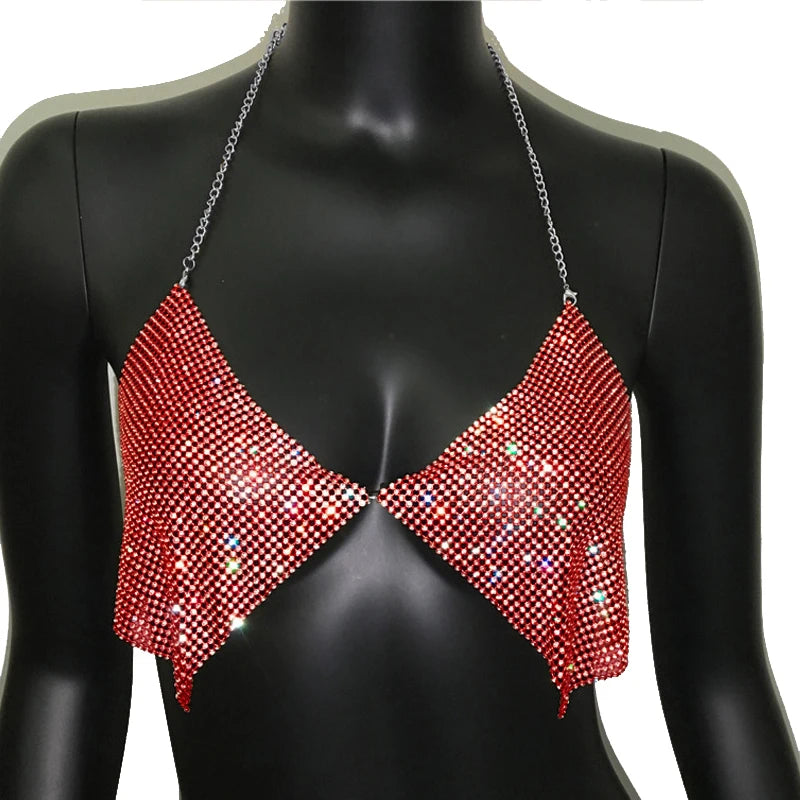 Rhinestone Halter Crop Top - Backless V-Neck Performance Cami