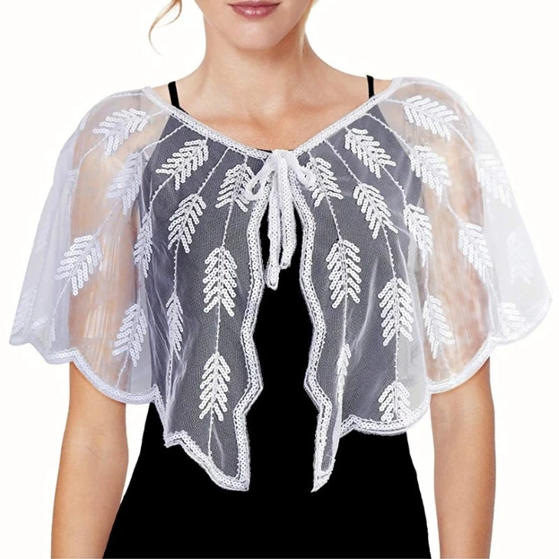 1920s Sequin Leaf Cape | Sheer Mesh Bolero | Flapper Shawl
