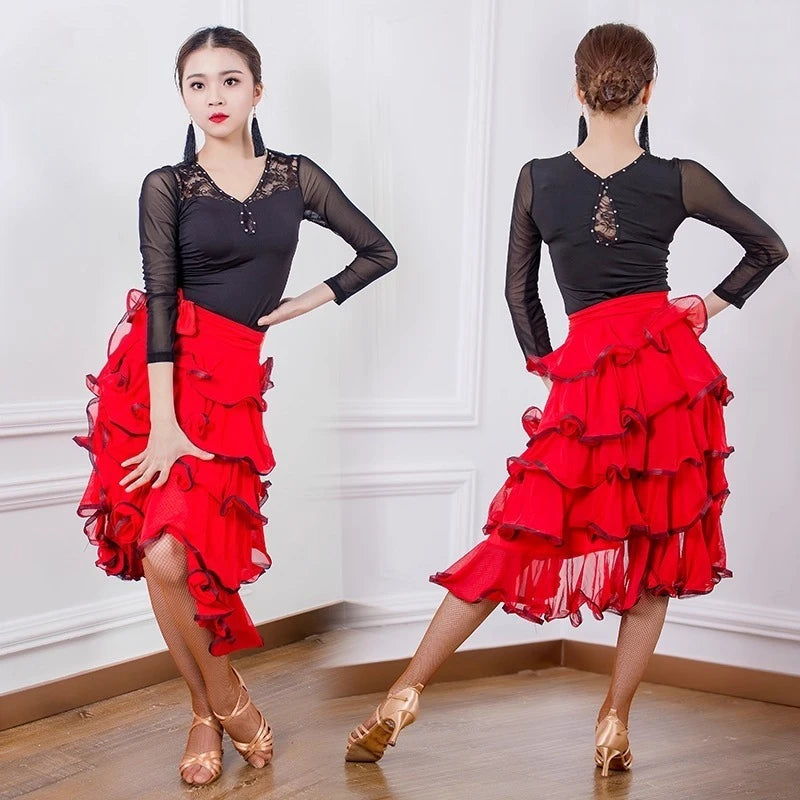 Multi-Tier Ruffle Latin Skirt | Competition & Practice | Red & Black