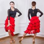 Multi-Tier Ruffle Latin Skirt | Competition & Practice | Red & Black