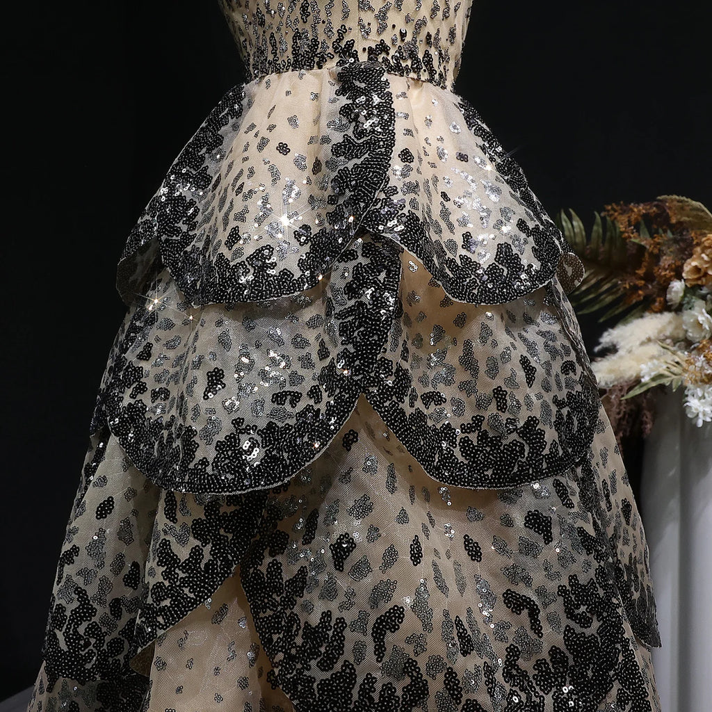 Tiered Ruffle Ball Gown | Sequin Lace Trim | Black Champagne