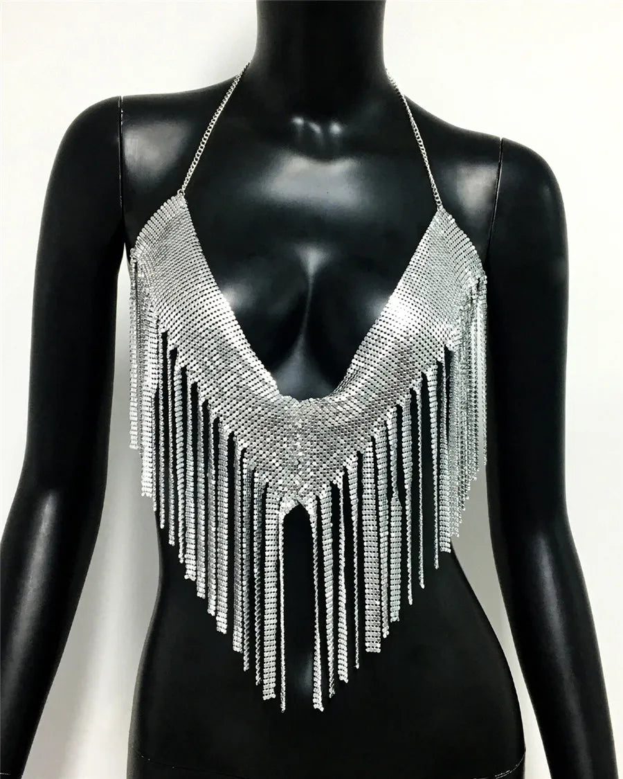 Metal Sequin Tassel Deep V-Neck Halter Crop Top