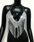 Metal Sequin Tassel Deep V-Neck Halter Crop Top