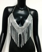 Metal Sequin Tassel Deep V-Neck Halter Crop Top