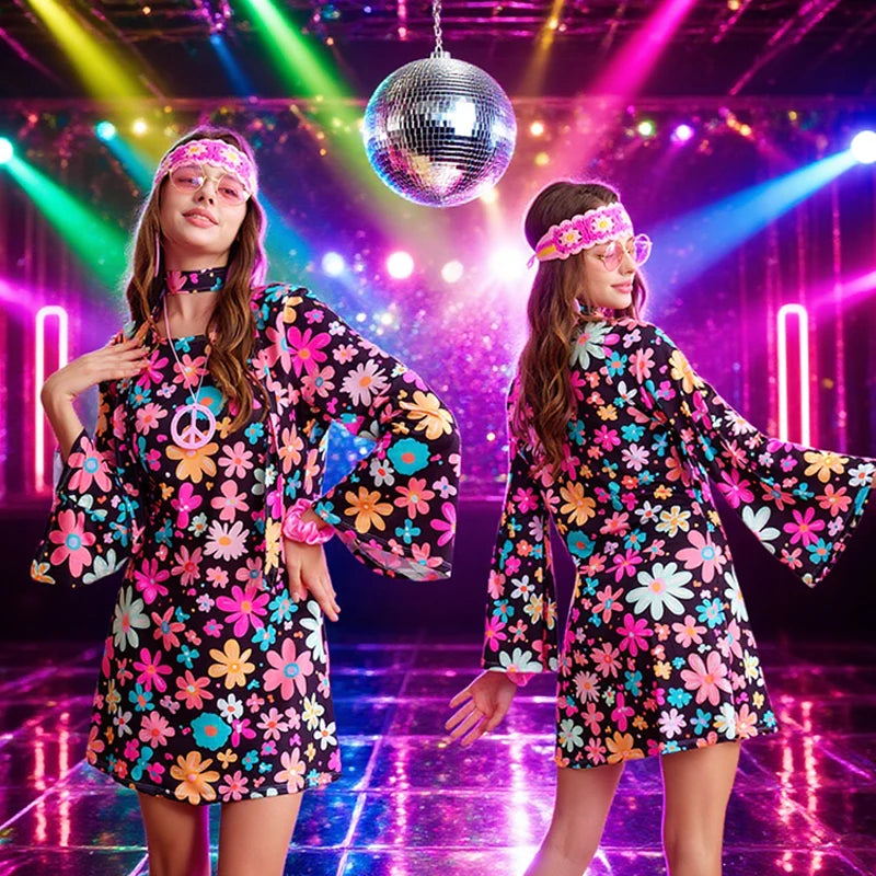 Women's Hippie Costume Set | 7-Piece | 60s 70s Disco Dress