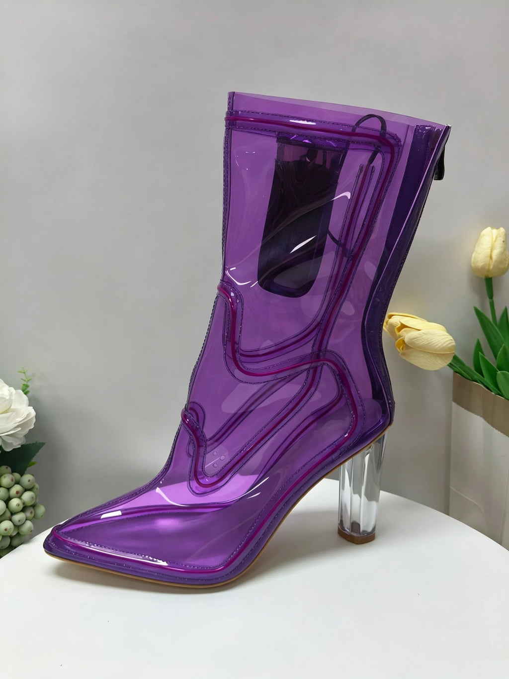 LED Light-Up Transparent Ankle Boots | Block Heel | Pointed Toe