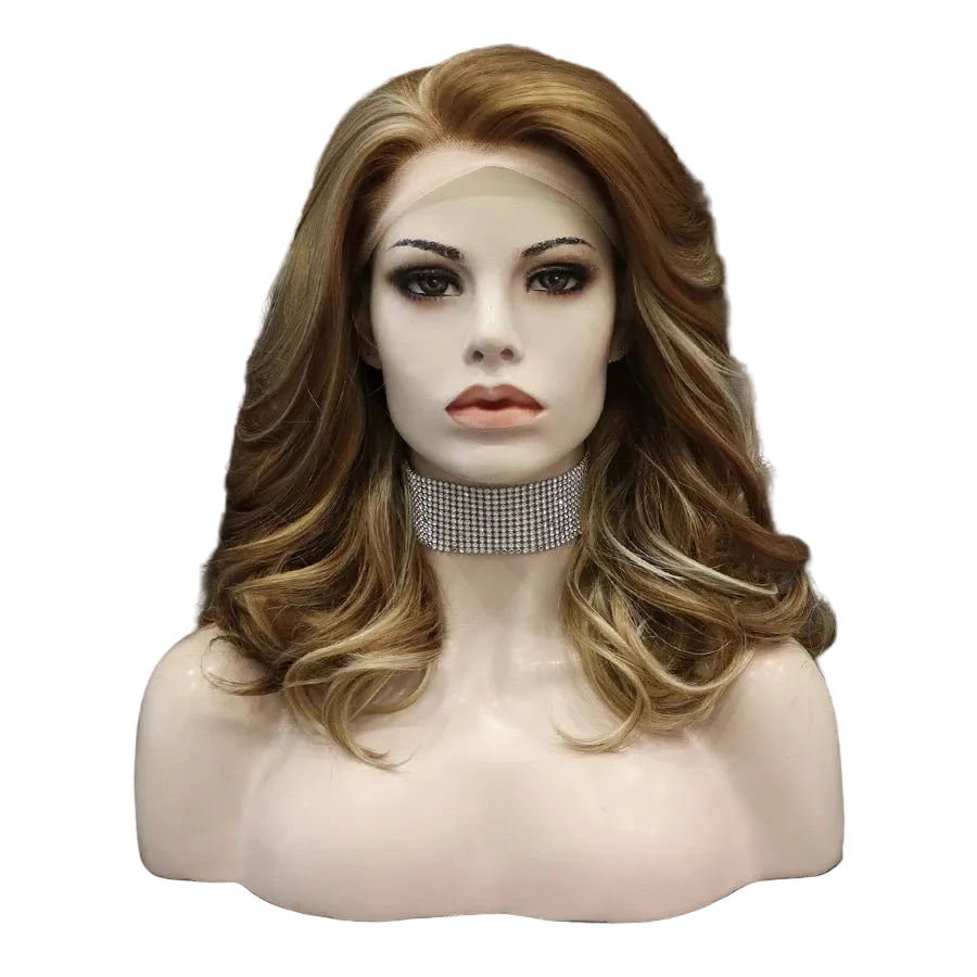 Brown Highlight Lace Front Wig | Natural Wavy Synthetic | 16 Inches