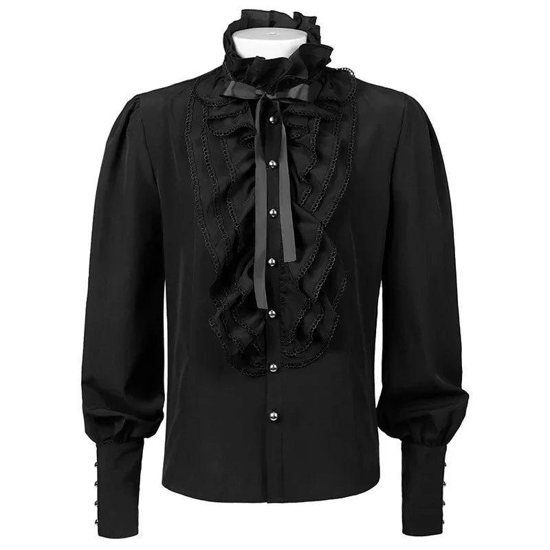 Gothic Stand Collar Pleated Shirt | Rhinestone | Black & White | S-2XL