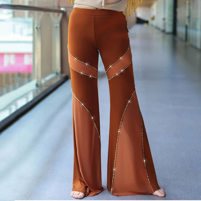 Rhinestone Flare Dance Pants | Mesh & Elastic | Belly Dance