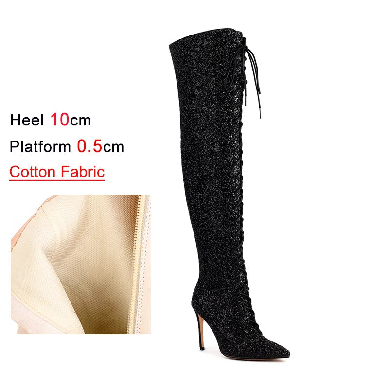 Sequin Over-the-Knee Boots | Lace-Up | 10cm Heel