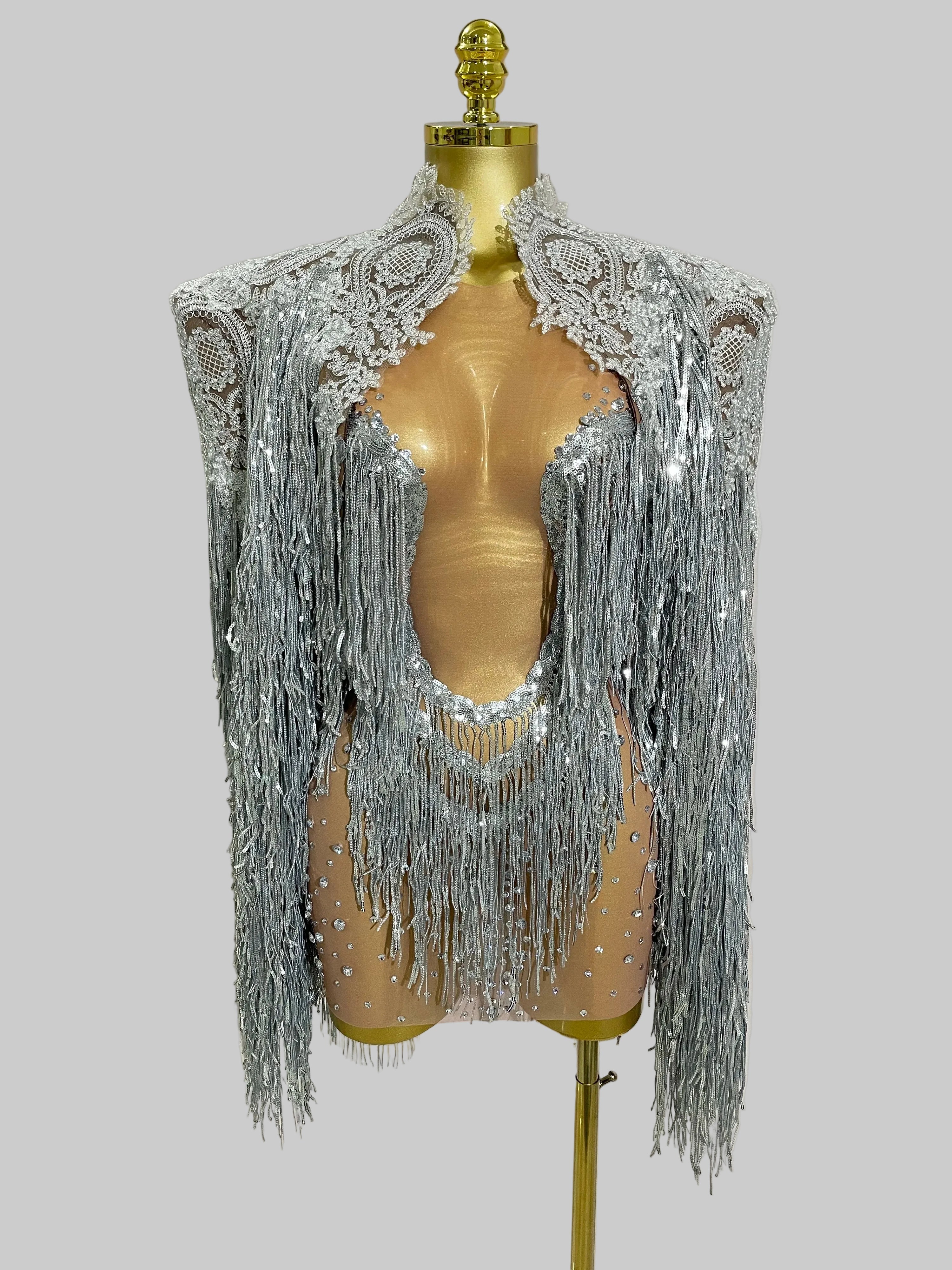 Sparkly Rhinestone Sequin Tassel Dress & Jacket — 2‑Piece Performance Set