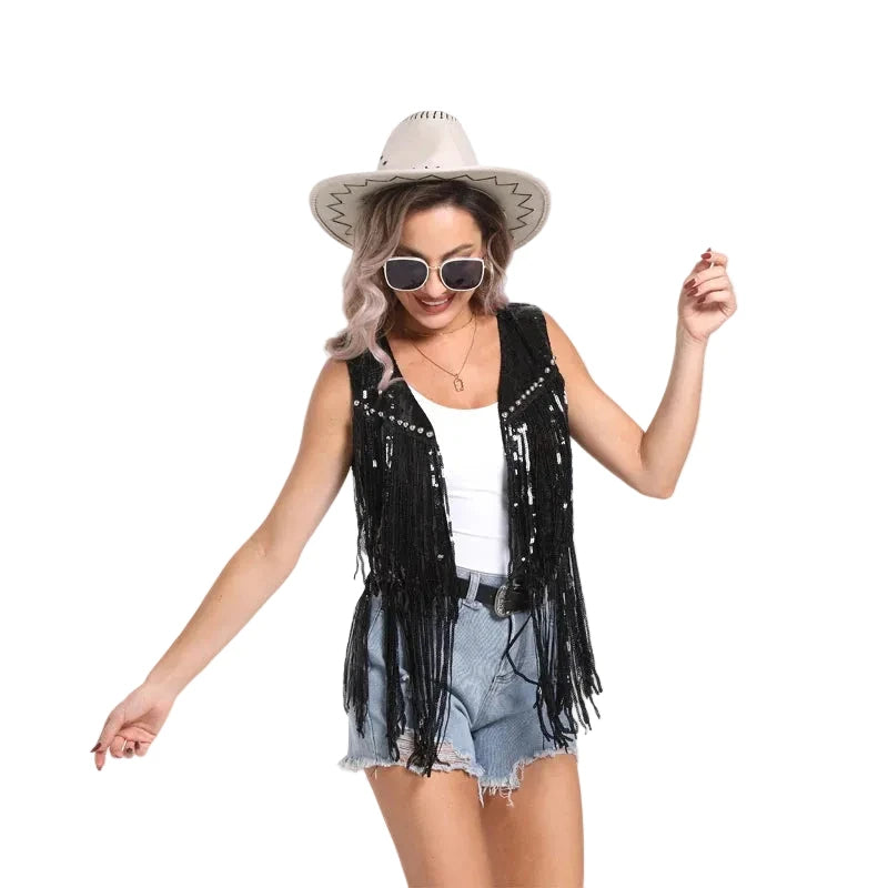 Sequin Fringe Open-Front Vest | Festival & Western | Gold, Silver & Black | S–L