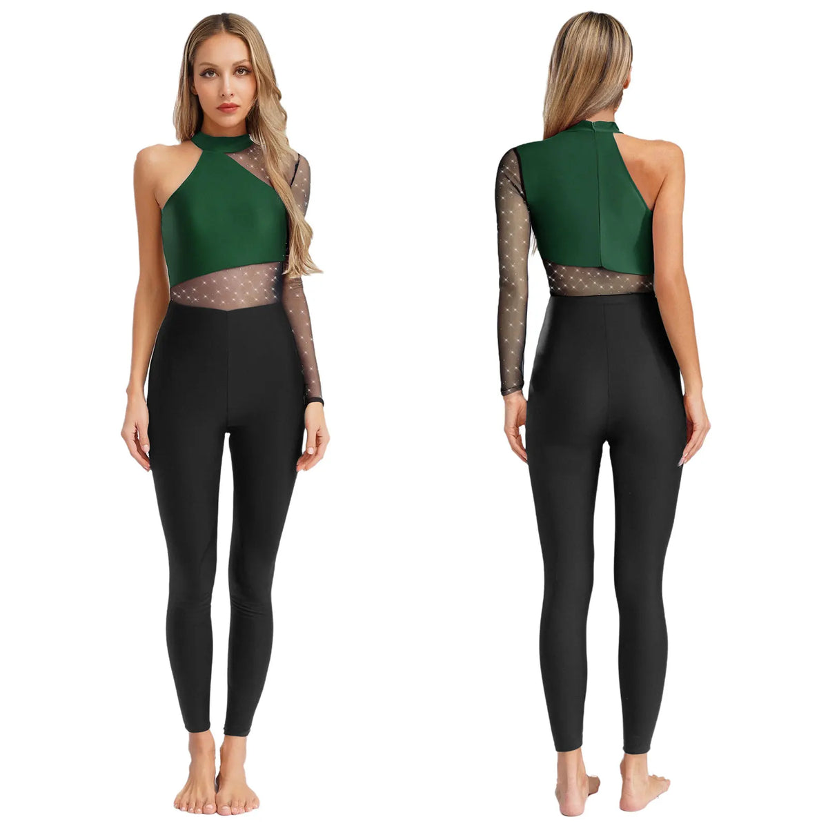 One Shoulder Rhinestone Mesh Jumpsuit | Dance Unitard