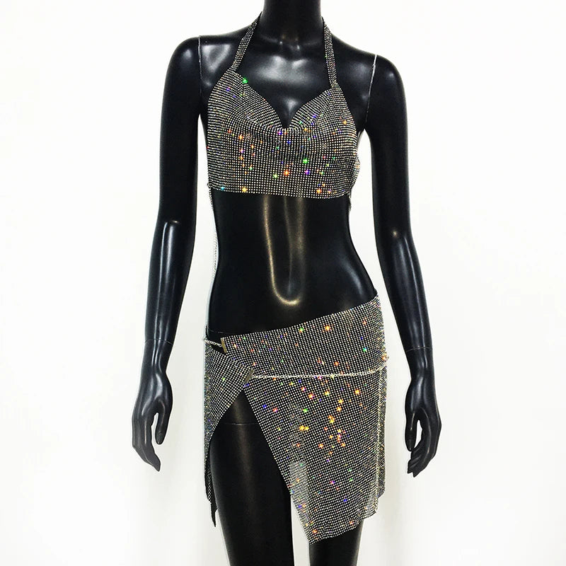Rhinestone 2-Piece Set - Backless Crop Top & Split Mini Skirt