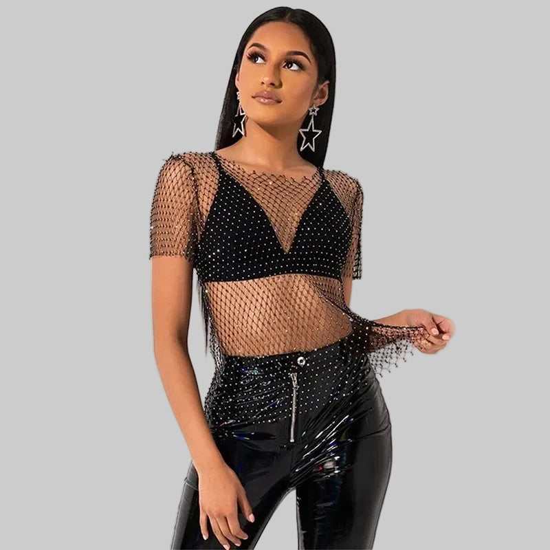 Rhinestone Mesh Long Sleeve Top - Sheer Fishnet Party Shirt