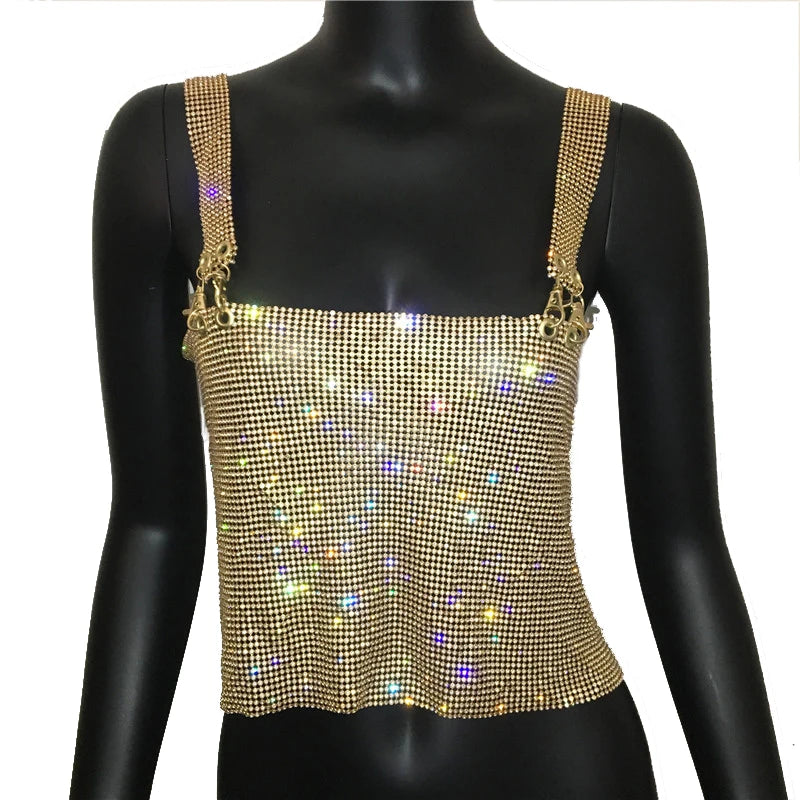 Rhinestone Metal Clip Camisole - Low Cut Backless Crop Top
