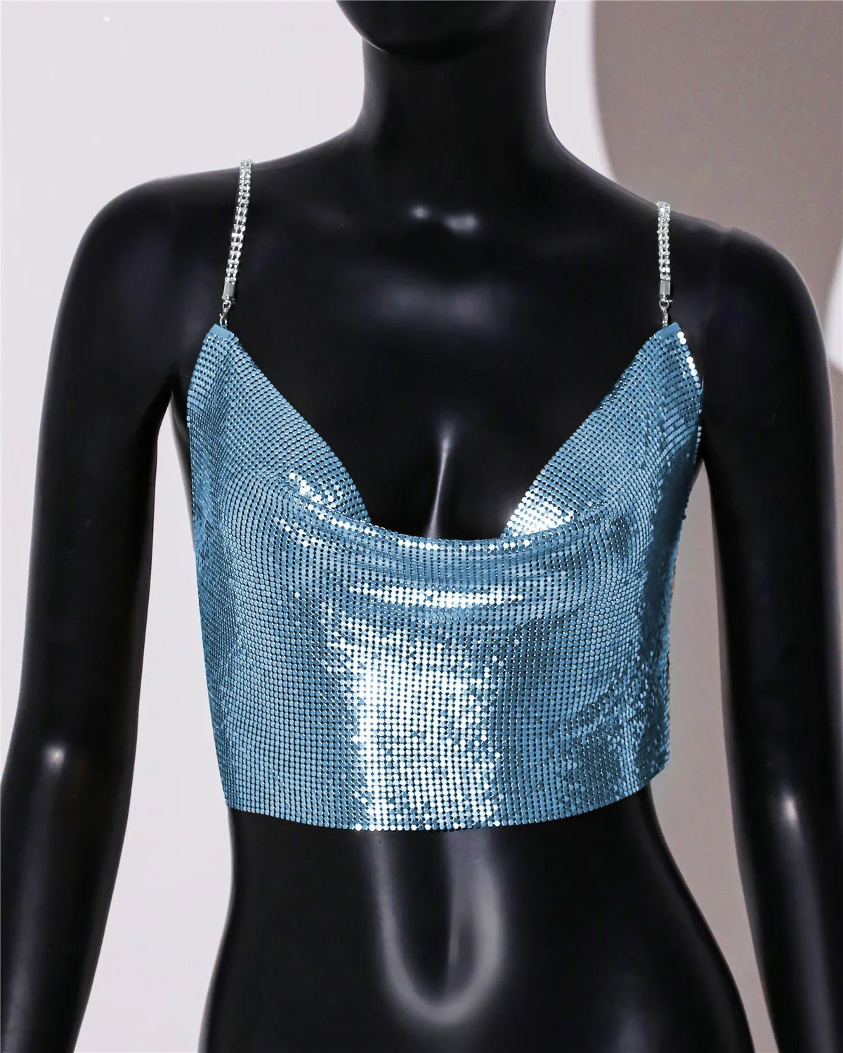 Metal Sequin Rhinestone Chain Crop Top - Deep V Backless Tank