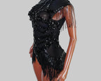 Sexy Mesh Sheer Black Rhinestone Bodysuit