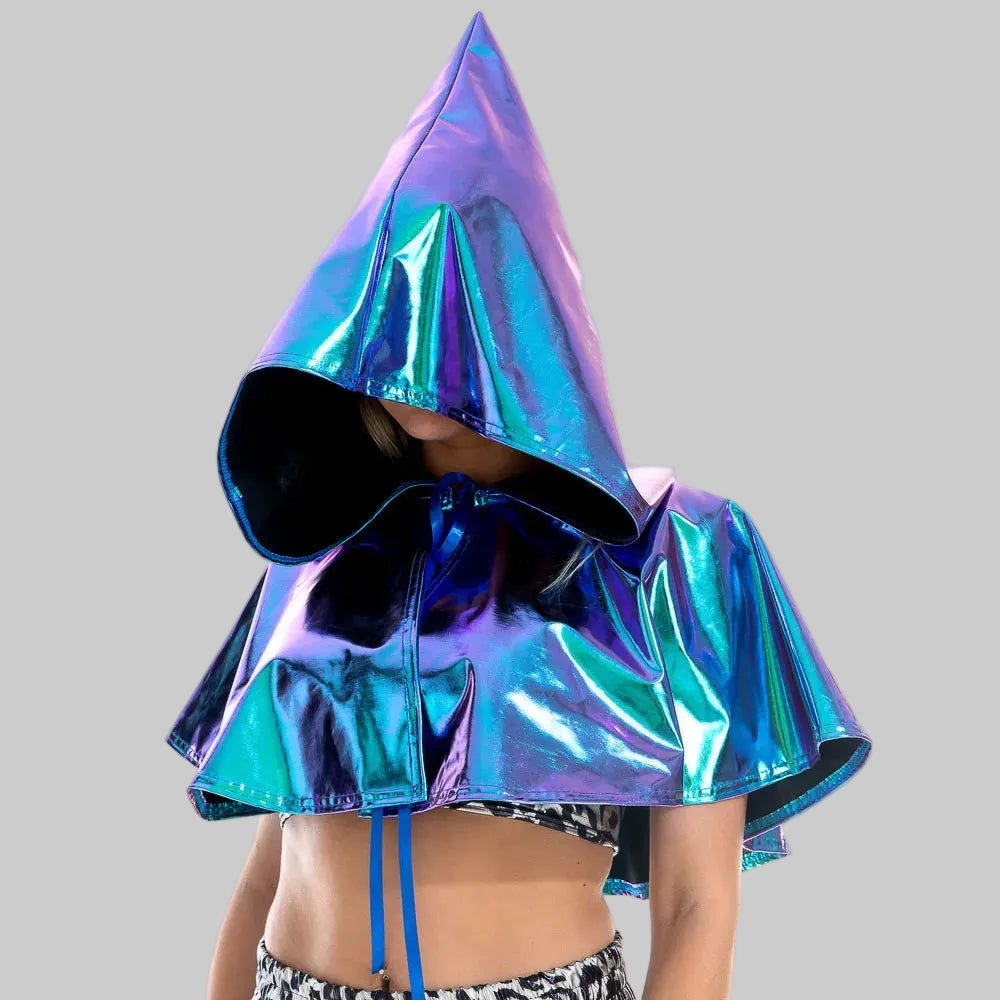 Metallic Hooded Cape - Shiny Holographic Cloak for Stage & Performance