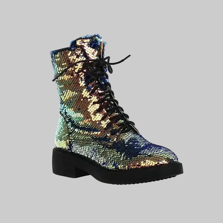 Sequin Ankle Boots - Color-Shifting Glitter Boots with Square Heel