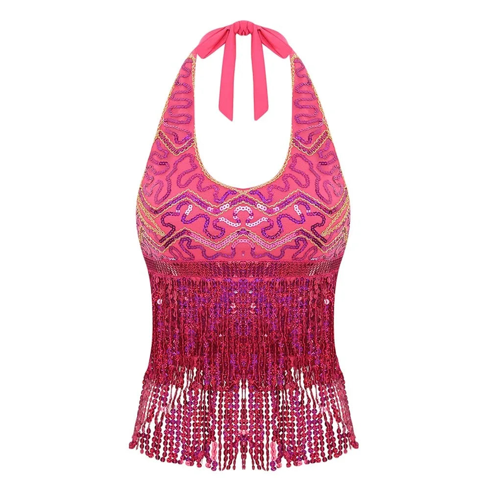 Sequin Fringe Halter Belly Dance Top | Built-In Pads | Festival & Stage | One Size