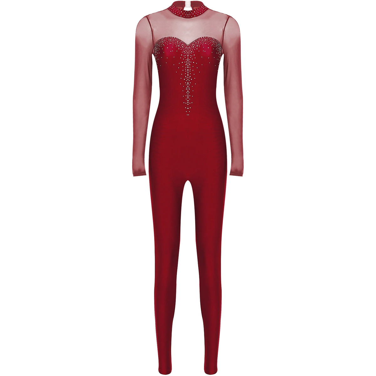 Women's Rhinestone Sheer Mesh Dance Jumpsuit | Mock Neck & Keyhole Back | Figure Skating & Performance
