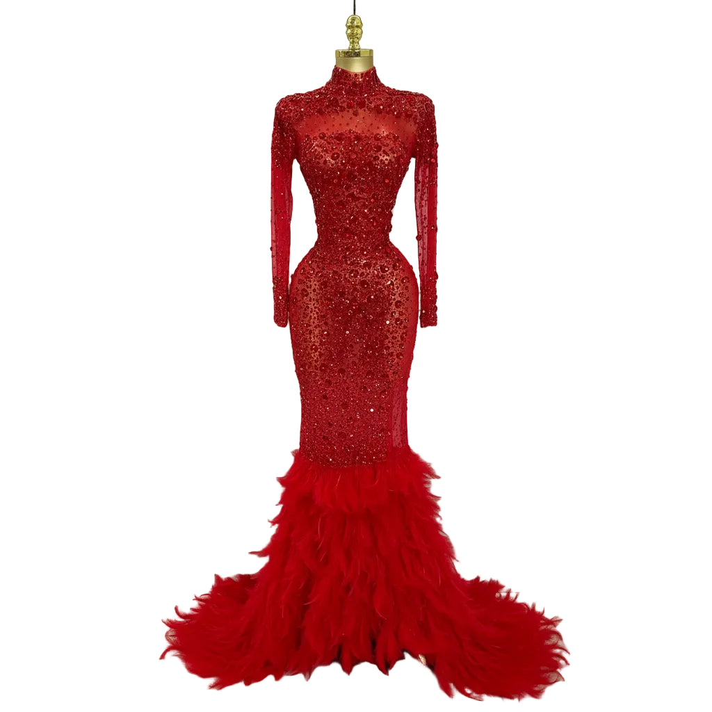 Crystal Feather Mermaid Gown | Long Sleeve | S–XL