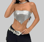 Metal Sequin Backless Bandage Crop Top - Strapless Party Top