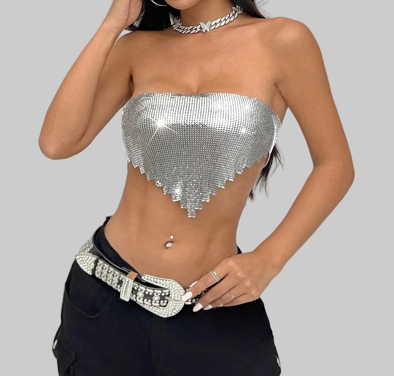Metal Sequin Backless Bandage Crop Top - Strapless Party Top