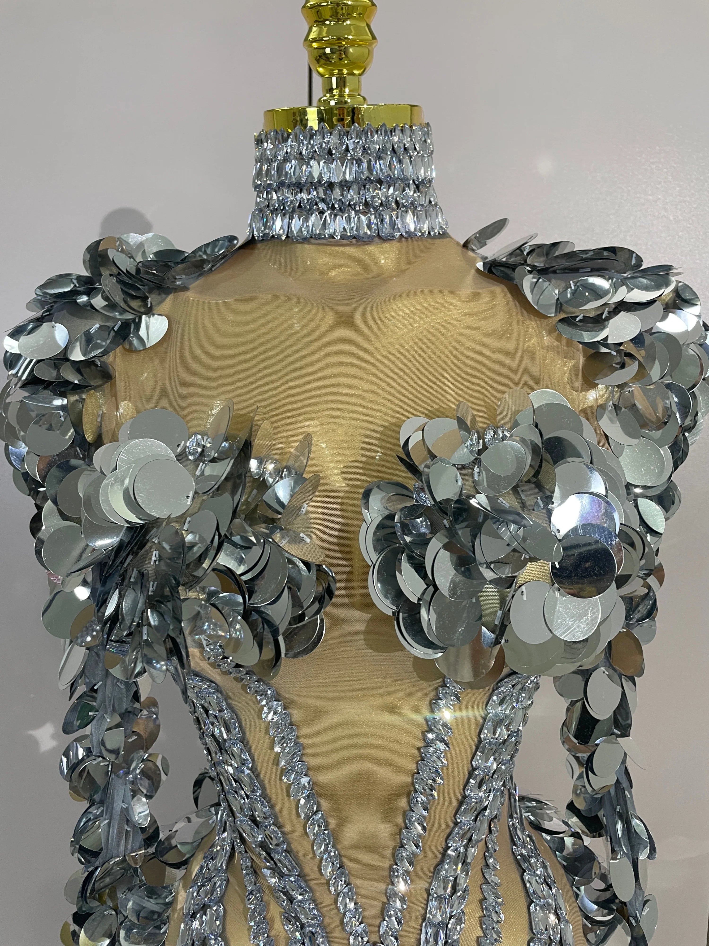 Silver Mirror Gem Bodysuit | Sculptural Shoulders | Stage