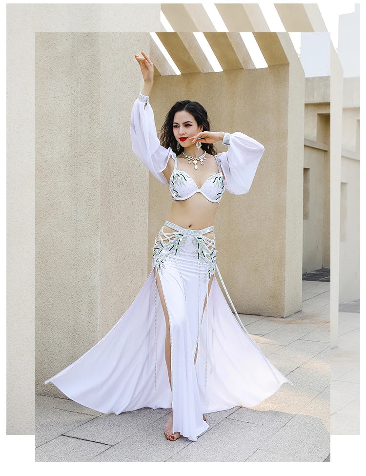 Long Sleeve Belly Dance Costume Set | Bra & Maxi Skirt | White