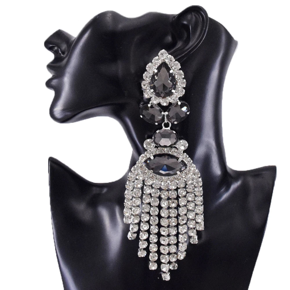 Rhinestone Clip-On Earrings | Long Tassel