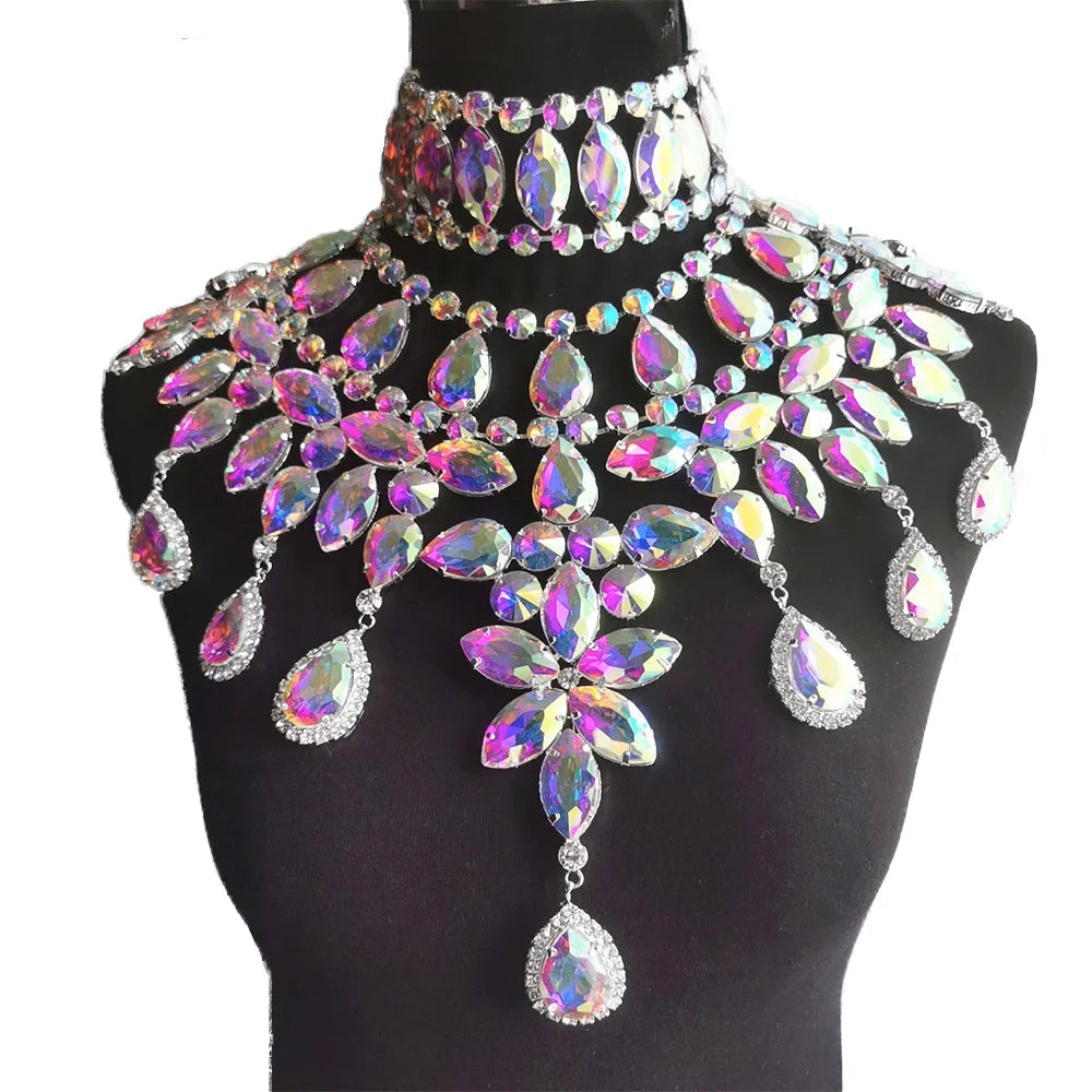 Crystal Rhinestone Statement Necklace & Choker Set | Drag & Stage | 7 Colors