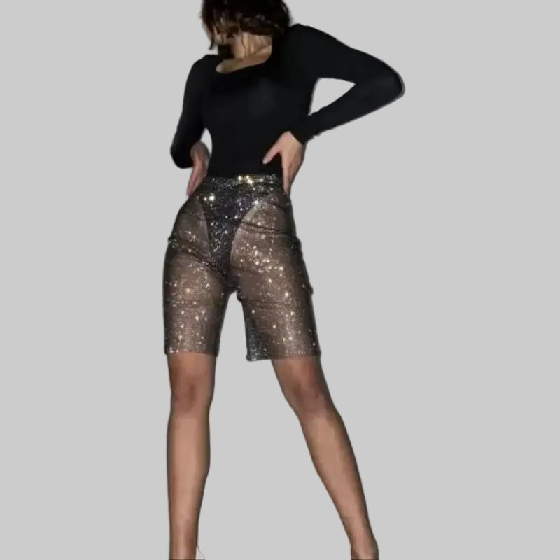 Rhinestone Fishnet Mesh High-Waisted Pants