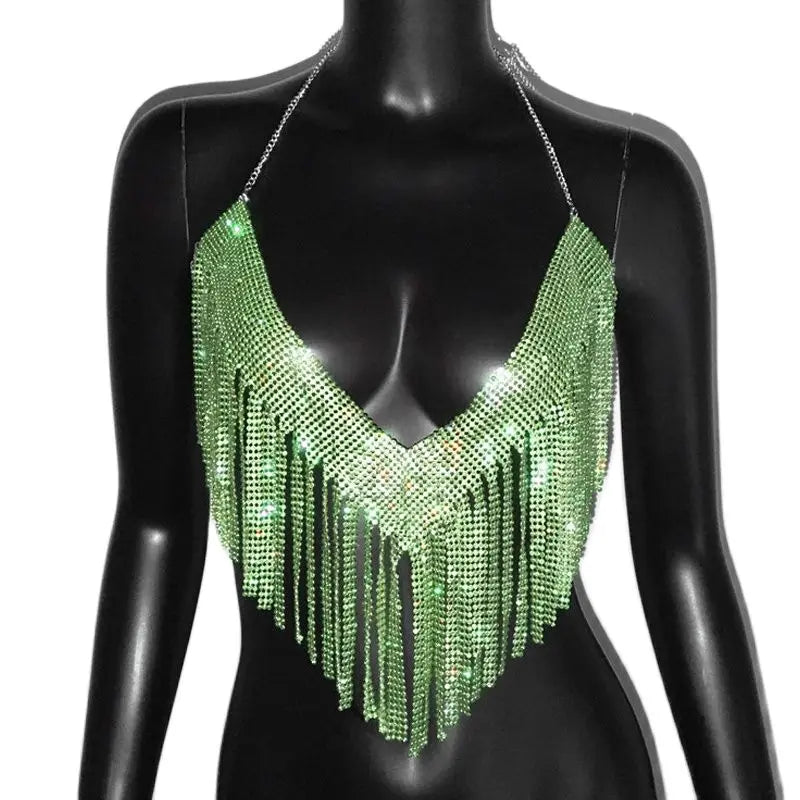Rhinestone Tassel Halter Crop Top - Backless Sequin Party Top