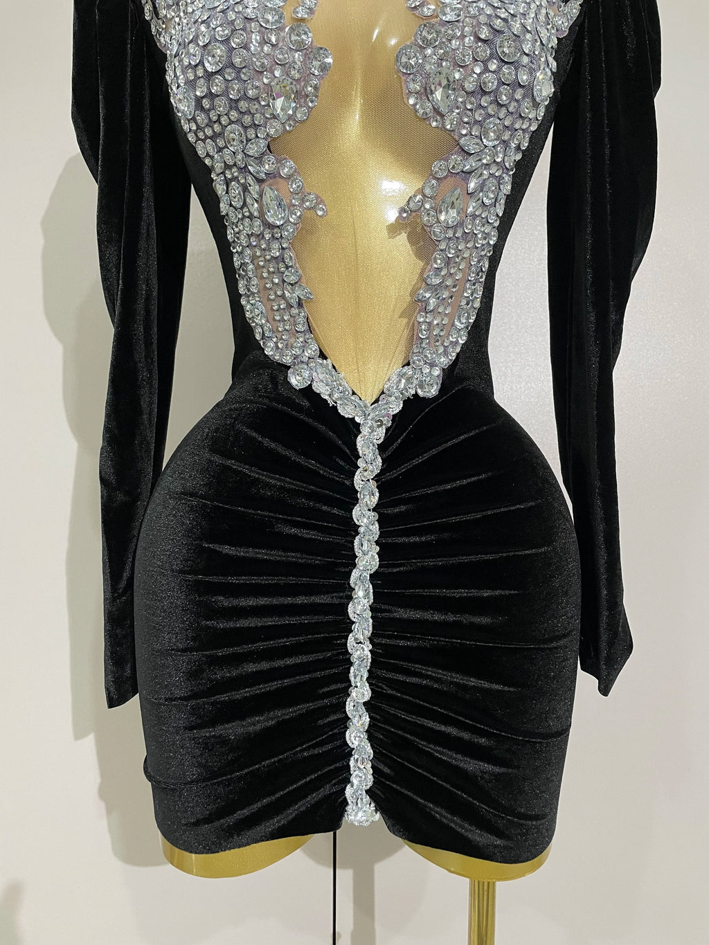 Crystal Deep-V Velvet Mini Dress | Long Sleeve | Stage