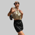 Metallic Sequin Patchwork Crop Top - Hollow-Out O-Neck