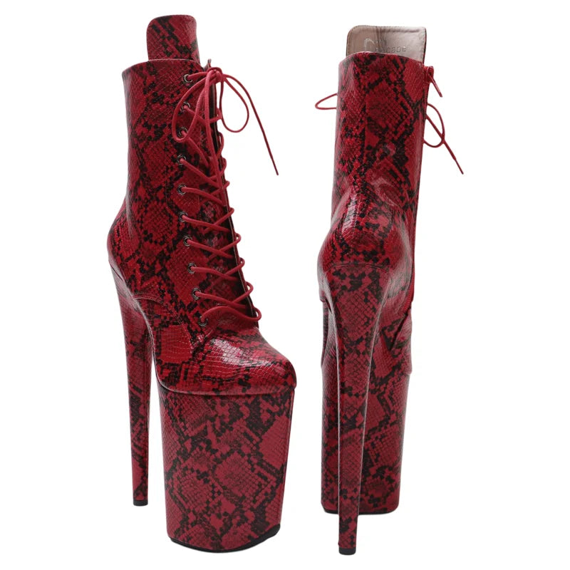 23cm Snakeskin Platform Pole Dance Ankle Boots - 9 Inch High Heels