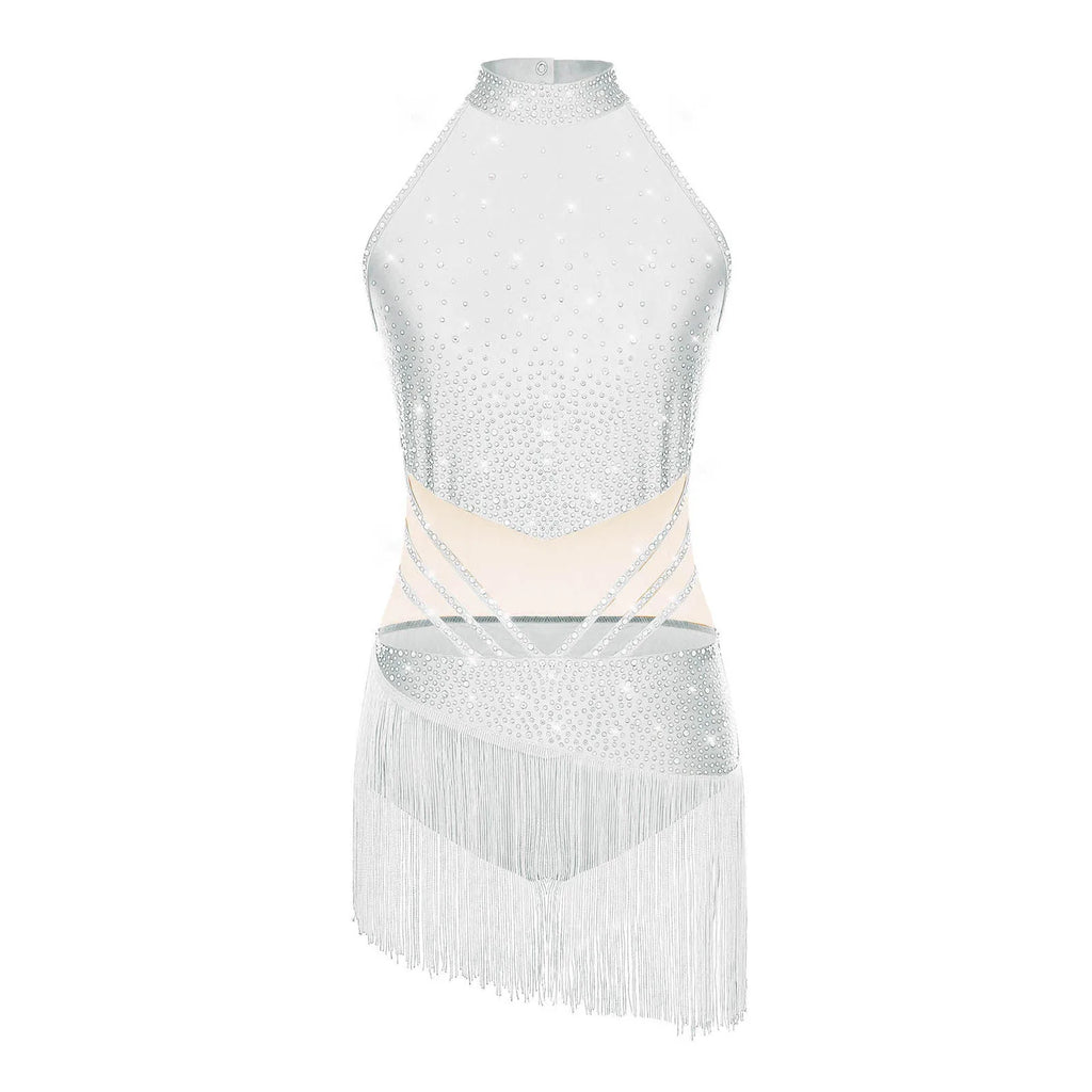Rhinestone Tassel Leotard | Sleeveless Mock Neck | Cutout Back