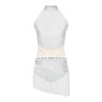 Rhinestone Tassel Leotard | Sleeveless Mock Neck | Cutout Back