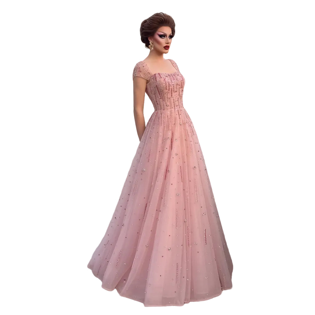 Crystal Beaded Cap Sleeve A-Line Pageant Gown | Square Neck | Pink