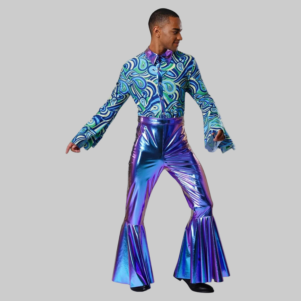 Men's Metallic Disco Jumpsuit - 70s Bell Bottom Performance Costume with Flared Sleeves
