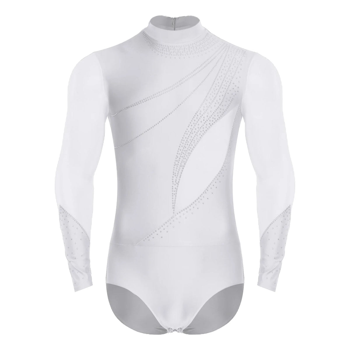 Men's Rhinestone Mesh Leotard | Mock Neck & Long Sleeve | Snap Crotch