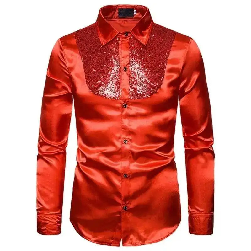 Men's Satin Sequin Shirt | Sequin Collar Panel | Stage
