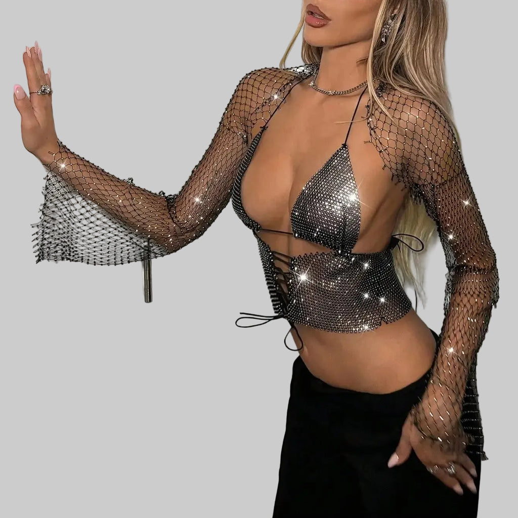 Rhinestone Mesh Halter Crop Top - Sheer V-Neck Fishnet Tee