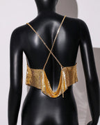 Metal Sequin Rhinestone Chain Crop Top - Deep V Backless Tank