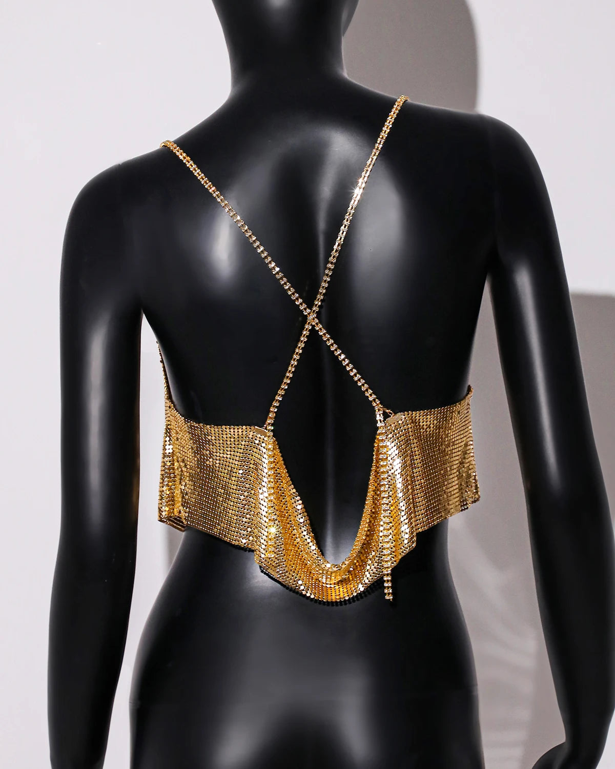 Metal Sequin Rhinestone Chain Crop Top - Deep V Backless Tank
