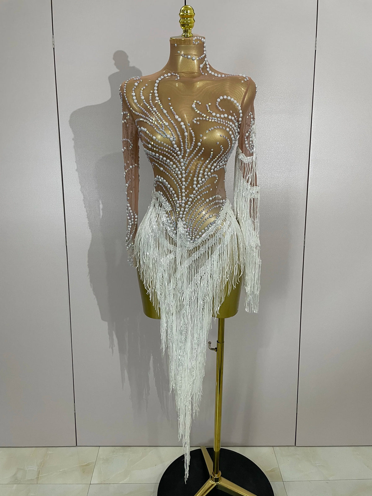 Rhinestone Mesh Tassel Dress | Sleeveless | Singer Stage