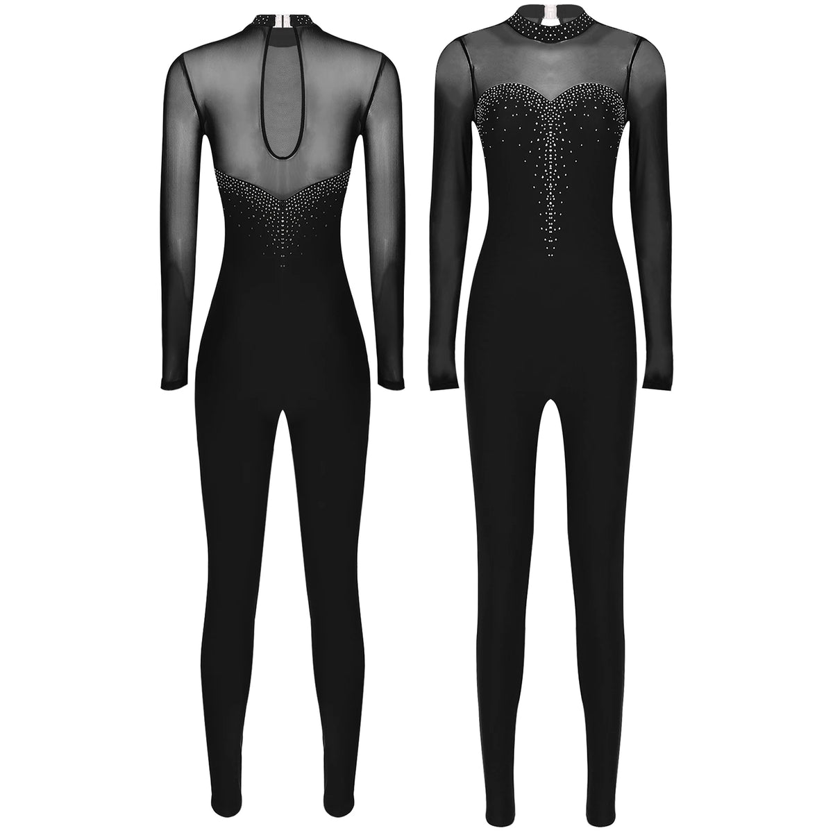 Rhinestone Bell Bottom Jumpsuit | Mesh Overlay | Long Sleeve
