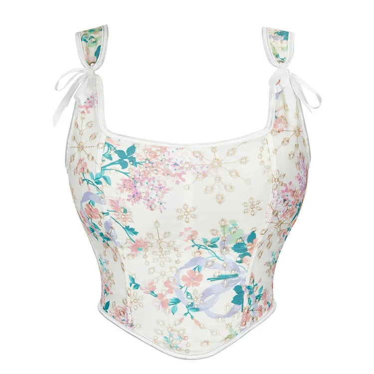 Floral Print Overbust Corset | Straps & Lace-Up | Vintage